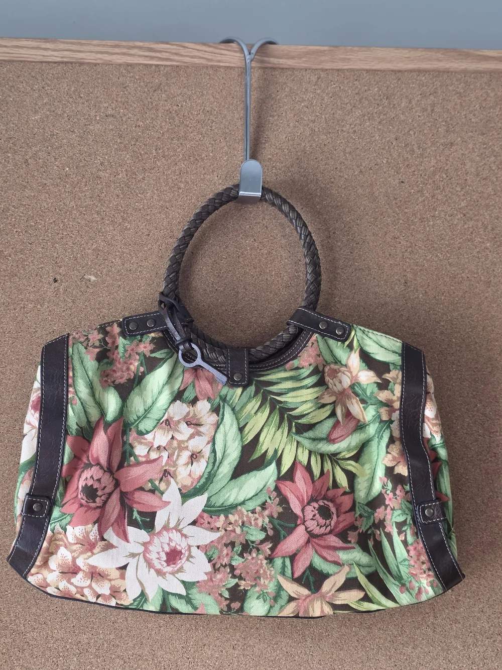 Fossil Spring Floral Canvas Satchel w/ Wooden Key Charm, 16x10, 5” Drop